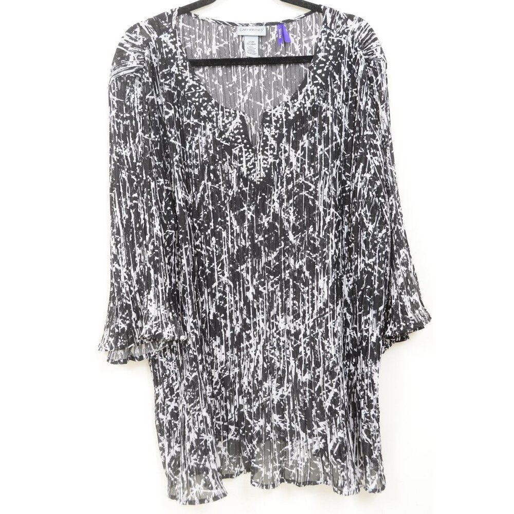 Catherines Plus Size 3X (Petite 26/28)  Embellished Black White Flowy Top Blouse
